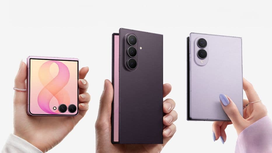 Samsung Galaxy Z Fold8 Ultra, Fold8 and Flip8 devices shown open and closed.