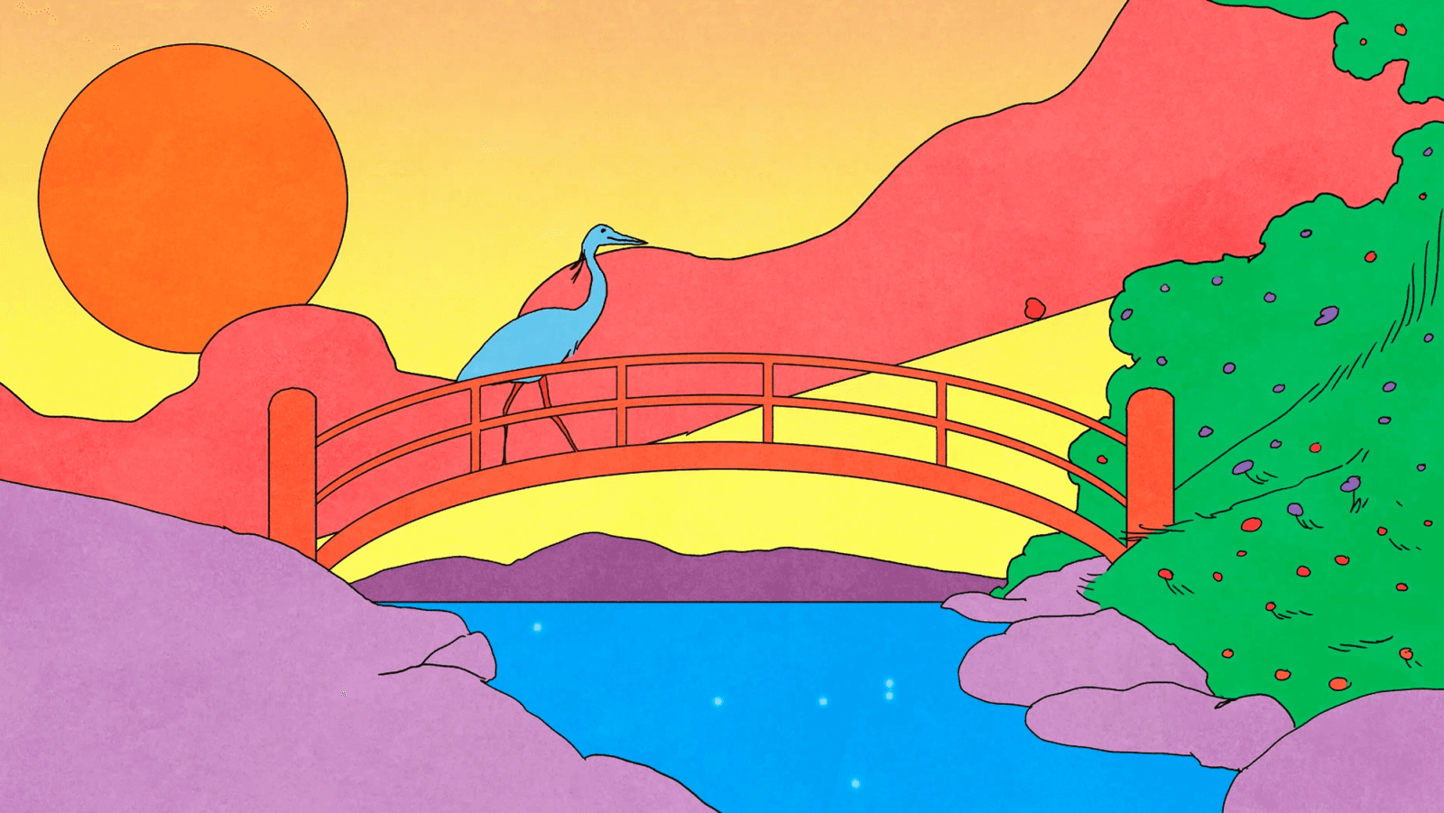 A colorful illustration of a bird standing on an arched bridge over blue water.
