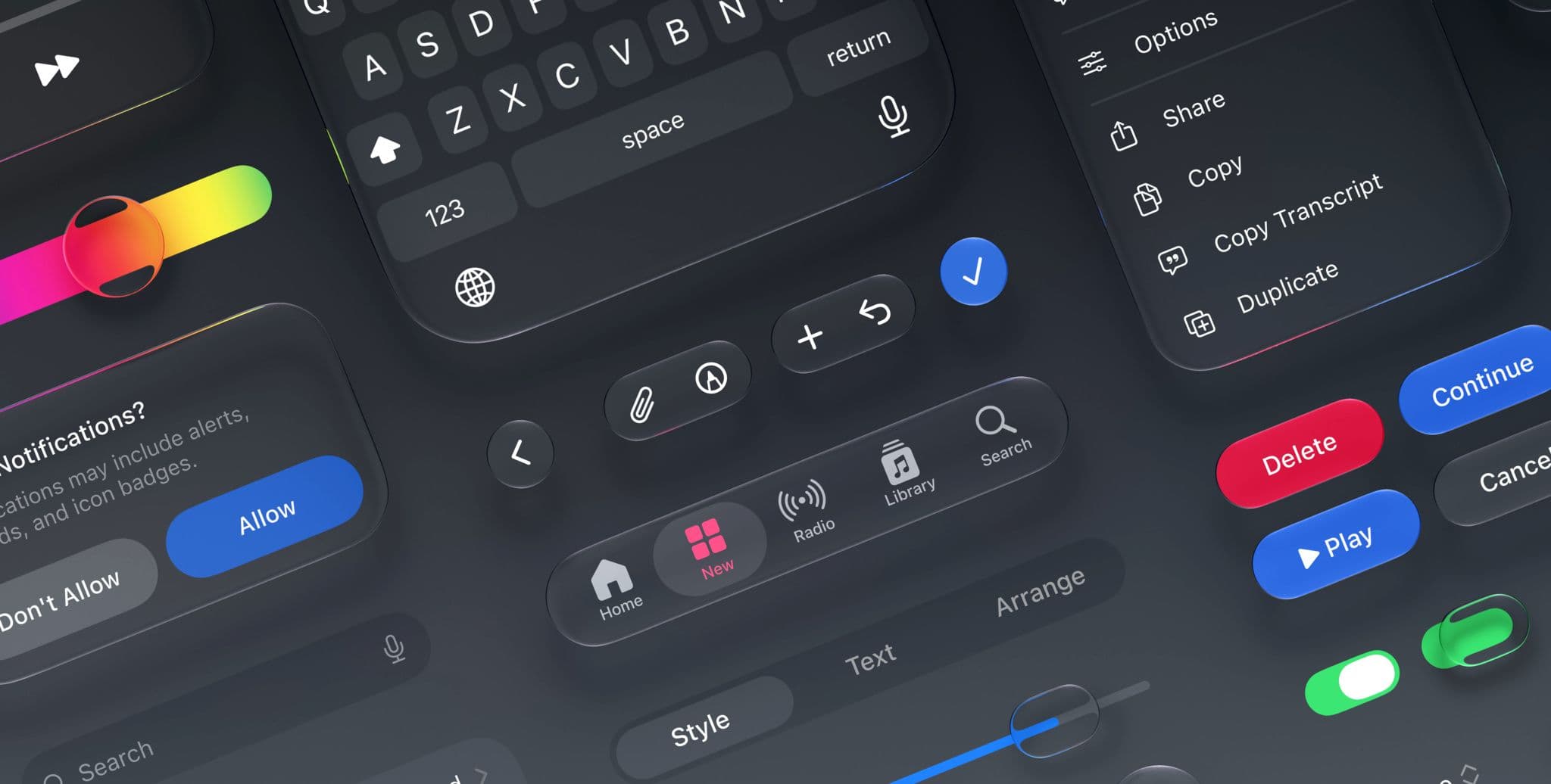 Apple interface components demonstrating the 2026 Liquid Glass design