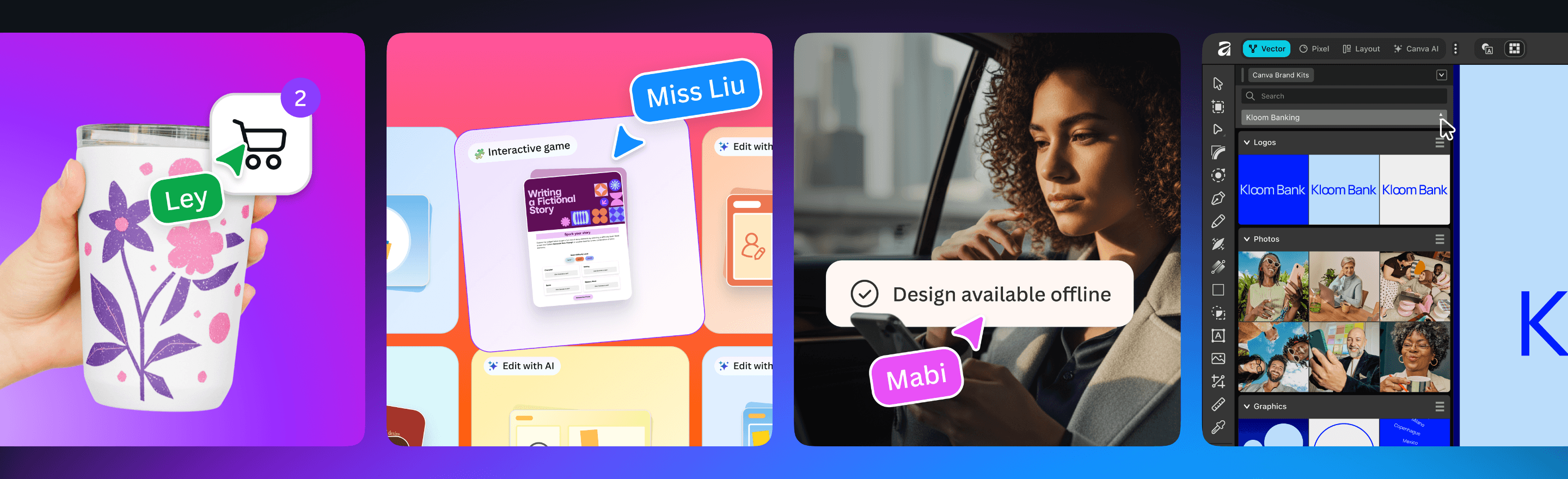 Canva artwork presenting Offline mode, Learn Grid, professional design and Print Shop