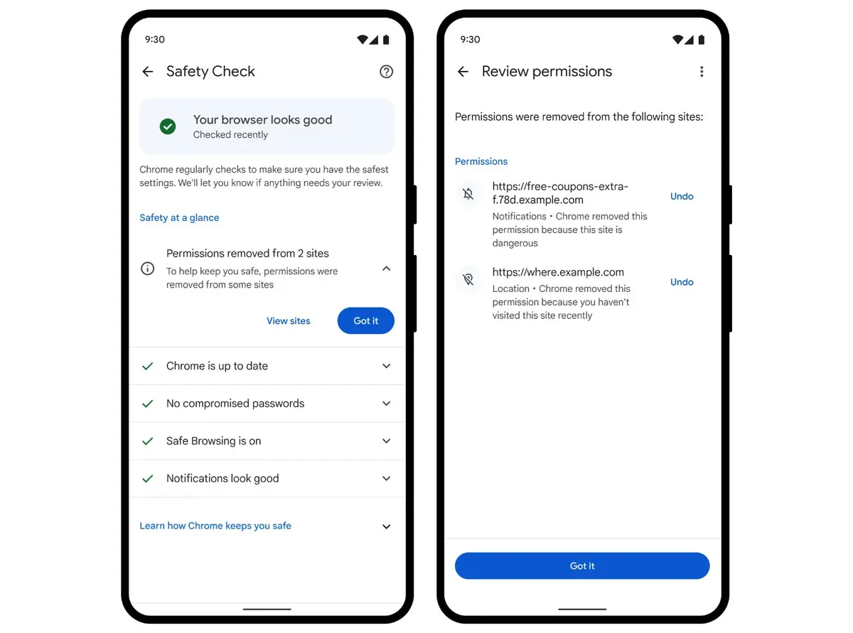 Chrome screens showing website permission controls and removed permissions