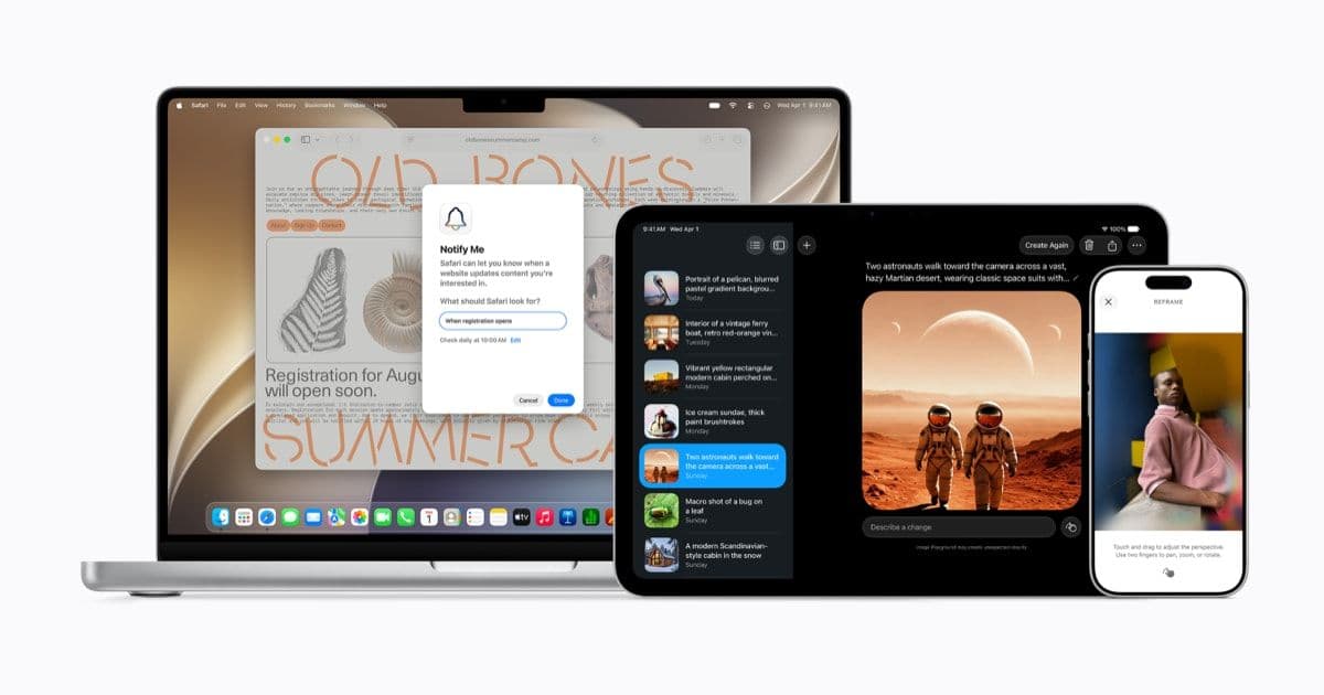 Apple devices displaying Apple Intelligence features on a light background.